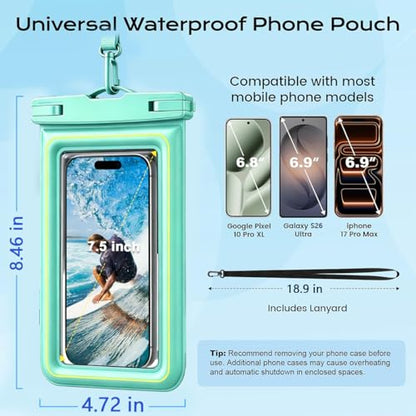 Waterproof Phone Pouch, 1 Pack IP68 Water Proof Cell Phone Case Floating | Beach & Cruise Essentials, Touch Screen, Dry Bag for iPhone 17 16 Pro Max Plus, Samsung Galaxy S26 S25/ Z Fold8 Ultra/Z Flip8 - color: Green, size: 7.5"