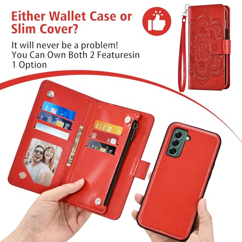 Asuwish Phone Case for Samsung Galaxy S22 5G Zipper Wallet Detachable Cell Cover with Tempered Glass Screen Protector Crossbody Lanyard Strap Flower Card Holder S 22 22S 4G G5 6.1 inch Women Girls Red - color: Red