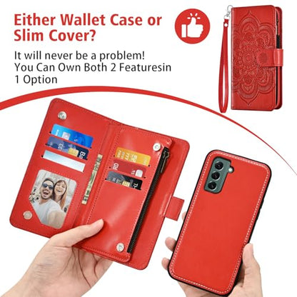 Asuwish Phone Case for Samsung Galaxy S22 5G Zipper Wallet Detachable Cell Cover with Tempered Glass Screen Protector Crossbody Lanyard Strap Flower Card Holder S 22 22S 4G G5 6.1 inch Women Girls Red - color: Red