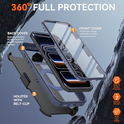 Magnetic for iPhone 17 Pro Case, Compatible with MagSafe, Full Body Rugged Case with Built-in Screen Protector & Kickstand & Belt-Clip (Blue) - color: Blue
