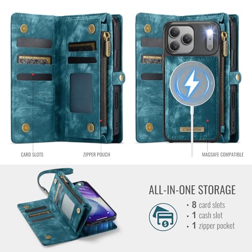 Compatible with iPhone 17 Pro Wallet Case with Magsafe,Blue | Magnetic Detachable Case,Card Holder,Zipper Pocket,Strap Wristlet, Soft Leather Drop-Proof Phone Case for iPhone 17 Pro 6.3" - color: (Detachable and Magsafe)-Blue, size: iPhone 17 Pro 6.3 Inch