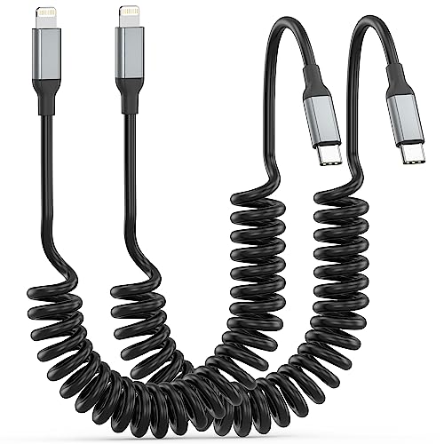 Coiled USB-C to Lightning Cable, 2Pack Retractable iPhone Charger CarPlay - size: 3FT Coiled