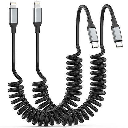 Coiled USB-C to Lightning Cable, 2Pack Retractable iPhone Charger CarPlay - size: 3FT Coiled