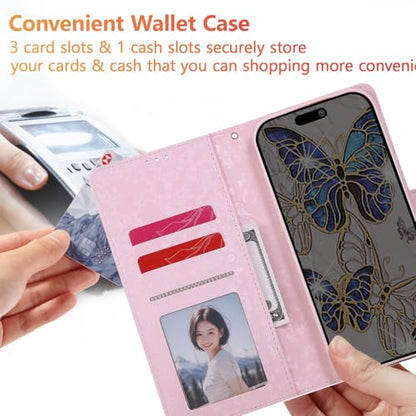 UEEBAI Wallet Case for iPhone 17 Pro Max, Leather Phone Cover Kickstand RFID Blocking Flip Case Card Slots Wrist Strap Relief Engraved Pattern Magnetic Closure Flower Folio Wallet, Blue Butterfly - color: Blue Butterfly, size: iPhone 17 Pro Max