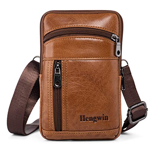 Genuine Leather Crossbody Bag for Men/Women, Small Messenger Bag Cell Phone Purse Shoulder Holster Passport Pouch - color: Brown