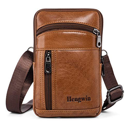 Genuine Leather Crossbody Bag for Men/Women, Small Messenger Bag Cell Phone Purse Shoulder Holster Passport Pouch - color: Brown