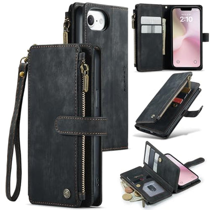 Compatible with iPhone 16e/17e Wallet Case,with Card Holder Kickstand Magnetic Zipper Pocket Lanyard Strap Wristlet,Leather Flip Case Wallet for iPhone 16e/17e 6.1 Inch(Black) - color: Black, size: iPhone 16E/17E 6.1 Inch