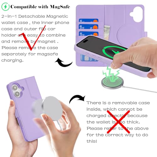 Ｈａｖａｙａ for iPhone 16 Case Detachable Wallet Case with Card Holder，2 in 1 Pu Leather Flip Folio Credit Card Slots Stand Compatible Magsafe Magnetic Shockproof Phone Cover (6.1")-Purple - color: Purple-Detachable