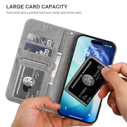 Bocasal Detachable Wallet Case Card Holder for iPhone 17 Pro Max Grey | RFID Blocking Kickstand Card Slots Holder PU Leather Magnetic Shockproof Wrist Strap Removable Flip Protective Cover 6.9 inch - color: Gray
