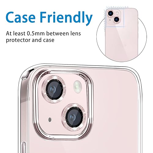 for iPhone 13 Mini & iPhone 13 Camera Lens Protector, Bling Glitter 9H Tempered Glass Camera Cover Anti Scratch Shockproof Screen Protector Individual Ring - 2Pcs Glitter Pink - color: Pink Glitter