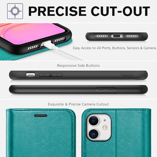 TUCCH Wallet Case for iPhone 11 (6.1") 2019, Flip Stand, Cyan | RFID Blocking, 3 Card Holders, Kickstand, PU Leather, Shockproof TPU Shell, Magnetic Closure, Protective Folio Cover - color: Cyan - Textured