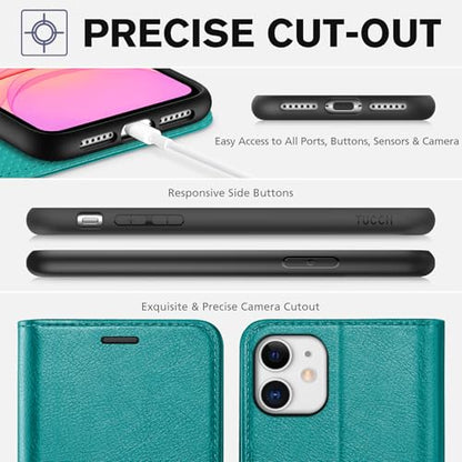 TUCCH Wallet Case for iPhone 11 (6.1") 2019, Flip Stand, Cyan | RFID Blocking, 3 Card Holders, Kickstand, PU Leather, Shockproof TPU Shell, Magnetic Closure, Protective Folio Cover - color: Cyan - Textured