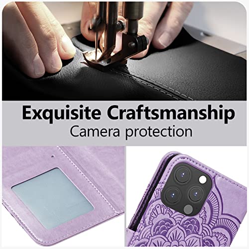 EYZUTAK Case for iPhone 13 Pro Max, Premium PU Leather Magnetic Flip Wallet Case with Card Holder Cash Slot Lanyard Strap Kickstand Function Embossed Mandala Flower Pattern Shockproof Cover - Purple - color: Purple, size: iPhone 13 Pro Max