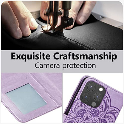 EYZUTAK Case for iPhone 13 Pro Max, Premium PU Leather Magnetic Flip Wallet Case with Card Holder Cash Slot Lanyard Strap Kickstand Function Embossed Mandala Flower Pattern Shockproof Cover - Purple - color: Purple, size: iPhone 13 Pro Max