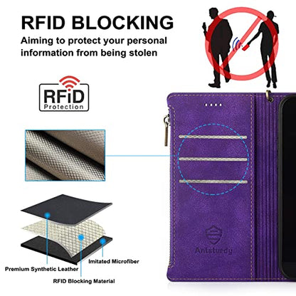 Antsturdy for iPhone 13 Pro Phone Wallet Case Women,(Purple) | RFID Blocking,with Credit Card Holder Slots,PU Leather Purse,Zipper Pocket,Wrist Strap Kickstand,Flip Folio Cover for Men - color: Z - Purple