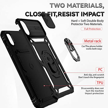 for iPhone Xs Max Case with Camera Lens Cover HD Screen Protector, Dual Layer Military Grade Drop Protection Magnetic Ring Holder Kickstand Protective Phone Case for iPhone Xs Max 6.5 inch (Black) - color: Black with camera cover Military-Grade 2nd gen