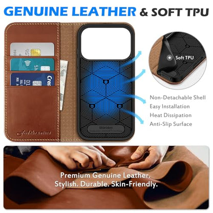 SHIELDON Genuine Leather Case Wallet for iPhone 17 Pro 6.3", Retro Brown | Flip Magnetic Cover, RFID Blocking, Credit Card Holder, Kickstand, Book Design, Shock-Absorbent Phone Cover - color: Retro Brown