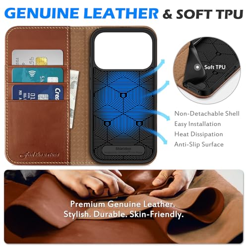 SHIELDON Genuine Leather Case Wallet for iPhone 17 Pro 6.3", Retro Brown | Flip Magnetic Cover, RFID Blocking, Credit Card Holder, Kickstand, Book Design, Shock-Absorbent Phone Cover - color: Retro Brown