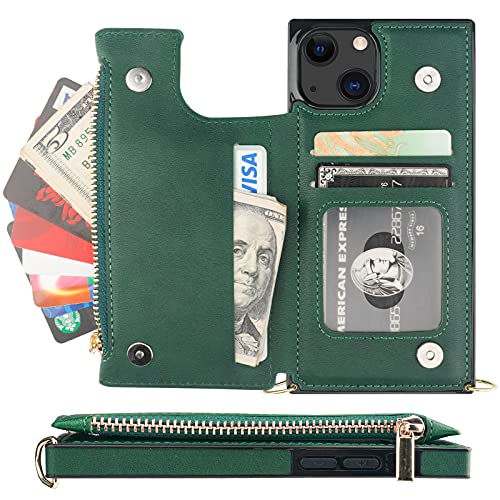 Bocasal Crossbody Wallet Case with Strap for iPhone 13/14, Green | RFID Blocking Card Slot Holder, Magnetic Flip Folio Purse Case, PU Leather Zipper Handbag Detachable Lanyard Strap 6.1 Inch - color: Green