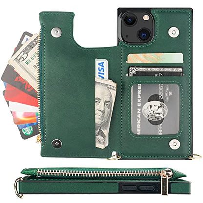 Bocasal Crossbody Wallet Case with Strap for iPhone 13/14, Green | RFID Blocking Card Slot Holder, Magnetic Flip Folio Purse Case, PU Leather Zipper Handbag Detachable Lanyard Strap 6.1 Inch - color: Green