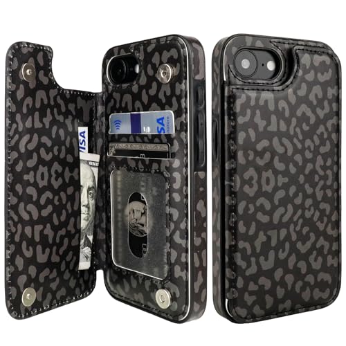 HAOPINSH for iPhone 17e 16e Wallet Case with Card Holder, Black Leopard Cheetah Back Flip Folio PU Leather Kickstand Card Slots Case for Women Girls, Double Magnetic Clasp Shockproof Cover 6.1" - color: Black Leopard