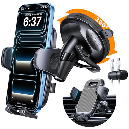 HTU [2026 Latest Upgrade Military-Grade Anti-Shake Car Phone Holder, 90+LBS Strong Suction Car Phone Mount, 360° Rotatable Mount for Dashboard Windshield Vent, for iPhone 17/16 Pro Max, Deep Gray - color: Deep Gray