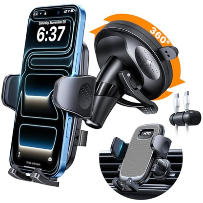 HTU [2026 Latest Upgrade Military-Grade Anti-Shake Car Phone Holder, 90+LBS Strong Suction Car Phone Mount, 360° Rotatable Mount for Dashboard Windshield Vent, for iPhone 17/16 Pro Max, Deep Gray - color: Deep Gray