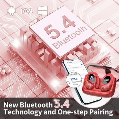 Wireless Earbuds 75H Bluetooth 5.4 Sport Headphones with Earhooks, Red - color: Red