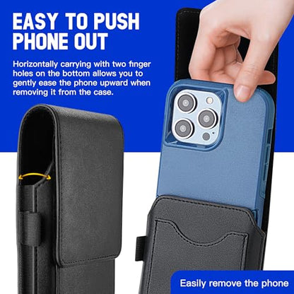 Mopaclle Vertical Cell Phone Holster with Belt Clip and Loop,Rugged Phone Belt Holder Compatible with iPhone 17 Pro iPhone 16, 15, 14 Pro, Galaxy S25, S24, S23 – Fits with Case On - color: 01 Leather- Black, size: M (6.29 x 2.9x 0.5 in)
