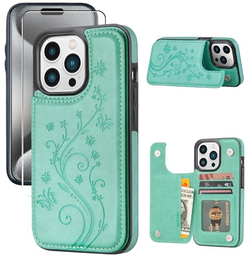 Wallet Case for iPhone 15 pro max, Slim Protective case with Card Holder,Premium PU Leather Kickstand Card Slots Case with Double Magnetic Clasp for iPhone 15 promax (6.7")-Green Butterfly - color: Green