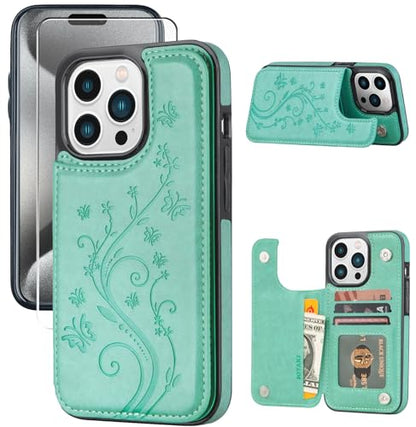 Wallet Case for iPhone 15 pro max, Slim Protective case with Card Holder,Premium PU Leather Kickstand Card Slots Case with Double Magnetic Clasp for iPhone 15 promax (6.7")-Green Butterfly - color: Green