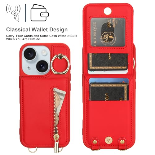 Crossbody Wallet Case for iPhone 11 with Lanyard Strap Card Slot Holder RFID Blocking Ring Kickstand,Magnetic Flip Folio Zipper Purse Case, PU Leather Cover Handbag,Red - color: Red, size: iPhone 11(6.1")
