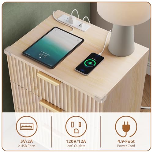 Wood Nightstands Set of 2 w/Charging Station, 3 Drawers Fluted Dresser - color: Natural Oak, size: 3 Drawers-Set of 2 Nightstand
