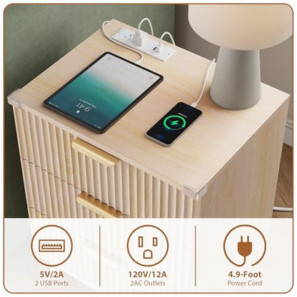 Lulive Wood Bedside Table w/Charging Station, 3 Drawers Fluted Dresser - color: Natural Oak, size: 3 Drawers-Set of 1 Nightstand