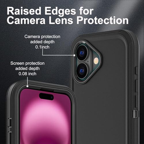 YKHJKLEC for iPhone 16 Plus Case, Military Grade 3 in 1 Heavy Duty Shockproof/Drop Proof/Dust Proof Case with 2Pcs Tempered Glass Screen Protector (Black/Black) - color: Black/Black