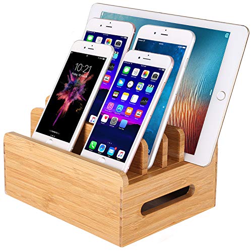 Bamboo Wood Multi-Device Desktop Dock Station Charger Holder Charging Cradle Charge Stand Compatible for iPhone 16 15 14 13 12 11 Pro Max XS XR X iPad 3 4 Mini Pro Air Samsung Huawei Smartphones - color: Small