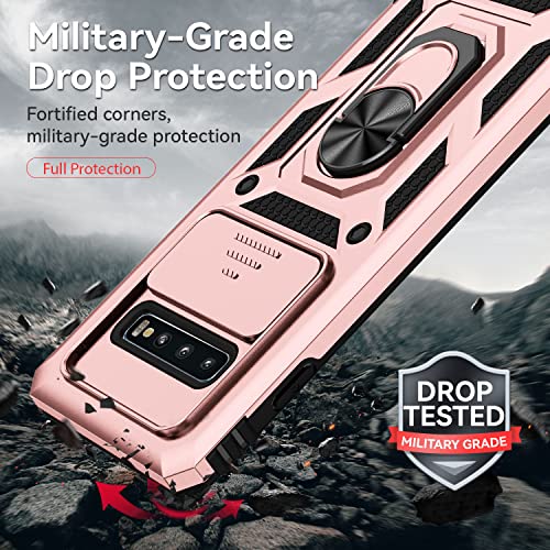 for Samsung Galaxy S10 Plus Case with Camera Lens Cover HD Screen Protector, Military-Grade Drop Tested Magnetic Ring Holder Kickstand Protective Phone Case for Samsung Galaxy S10+ Plus (Rose Gold) - color: Rose Gold with camera cover Military-Grade 2nd g