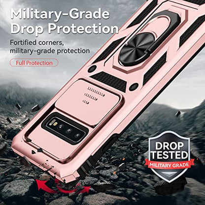 for Samsung Galaxy S10 Plus Case with Camera Lens Cover HD Screen Protector, Military-Grade Drop Tested Magnetic Ring Holder Kickstand Protective Phone Case for Samsung Galaxy S10+ Plus (Rose Gold) - color: Rose Gold with camera cover Military-Grade 2nd g