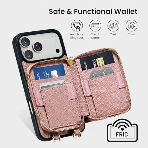 ORNARTO Magnetic Detachable Wallet Case for iPhone 17 Pro Max, Pink | Compatible with MagSafe, Crossbody Wallet Case with Card Holder Wrist Strap, RFID Blocking PU Leather Wallet Phone Cover 6.9” - color: Pink