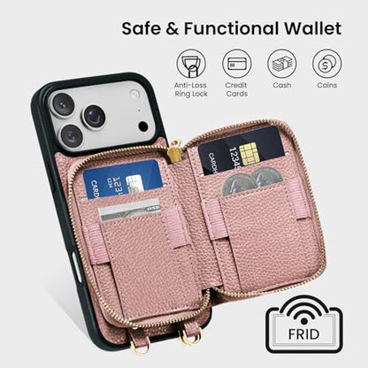 ORNARTO Magnetic Detachable Wallet Case for iPhone 17 Pro Max, Pink | Compatible with MagSafe, Crossbody Wallet Case with Card Holder Wrist Strap, RFID Blocking PU Leather Wallet Phone Cover 6.9” - color: Pink