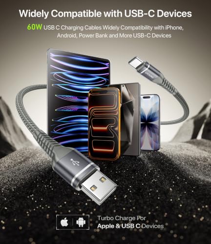 USB A to USB C Cable 3A Fast Charging 3FT, 2Pack USB to USBC Cable for - color: Grey, size: 3FT, style: 60W USB A to USB C