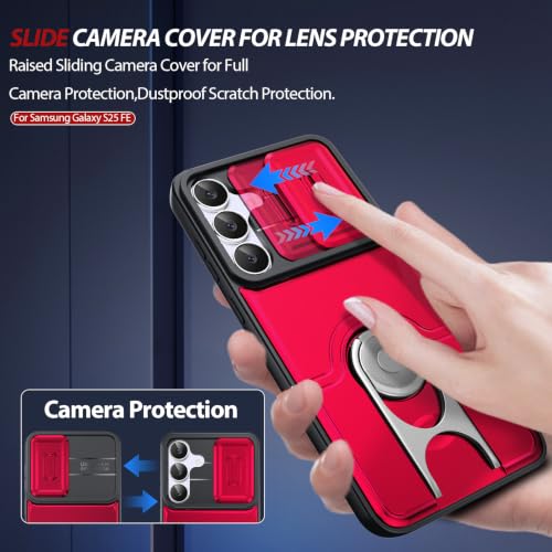 Dizn for Samsung Galaxy S25 FE Case:[Not Fit Samsung S25+] with Slide Camera Cover,360°Ring Stand,Lanyard,[2 Pcs] Explosion-Proof Film,Military-Grade Shockproof Protective,for Samsung S25 FE,Red - color: Red