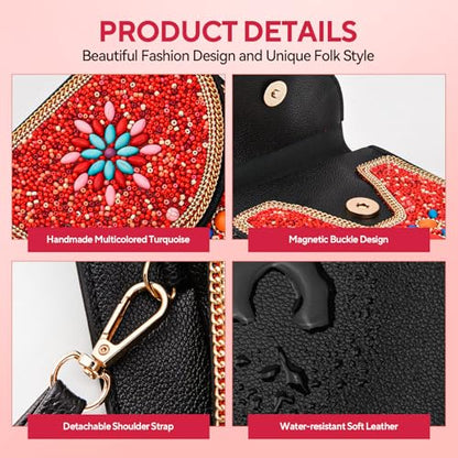 Small Beaded Crossbody Bag for Women, Boho Cell Phone Shoulder Purse Wallet with Handcrafted Colorful Beads - color: Tree-red