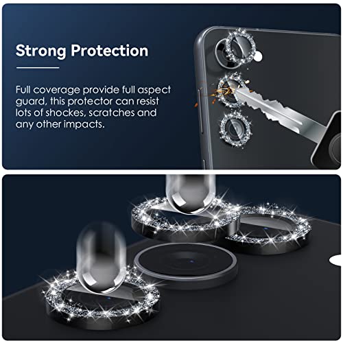 CloudValley [3 Pcs] for Samsung Galaxy S24 / S23 Plus Camera Lens Protector, 9H Tempered Glass + Aluminum Alloy Metal Individual Lens Screen Protective Ring for S23+ 5G 2023, Glitter Black - color: Glitter Black