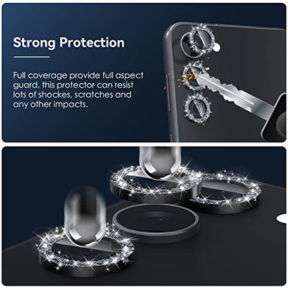 CloudValley [3 Pcs] for Samsung Galaxy S24 / S23 Plus Camera Lens Protector, 9H Tempered Glass + Aluminum Alloy Metal Individual Lens Screen Protective Ring for S23+ 5G 2023, Glitter Black - color: Glitter Black