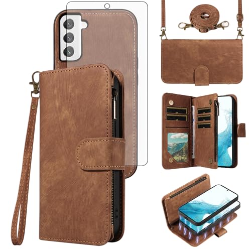 Asuwish Phone Case for Samsung Galaxy S22 5G Zipper Wallet Detachable Magnetic Cover with Tempered Glass Screen Protector Crossbody Lanyard Strap Card Holder S 22 22S 4G G5 6.1 inch Women Girls Brown - color: Brown