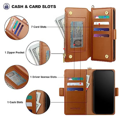 Antsturdy Compatible with iPhone 14 Plus Wallet Case【RFID Blocking】 PU Leather Phone Case Women Men Flip Shockproof Cover Strap Zipper Pocket Credit Card Holder Slots for Apple 14 Plus,Light Brown | RFID Blocking,with Credit Card Holder Slots,PU Leather P
