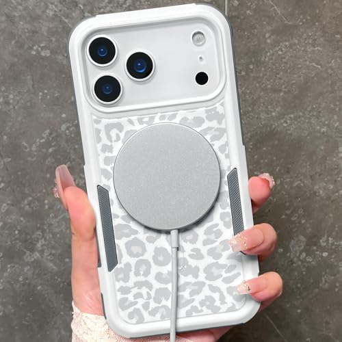 Magnetic Cute Case for iPhone 17 Pro, White Leopard Cheetah | Compatible with Magsafe, Heavy Duty Tough Rugged Full body Protection Shockproof Protective Phone Case for Women Girls - color: Magnetic-iPhone 17 Pro
