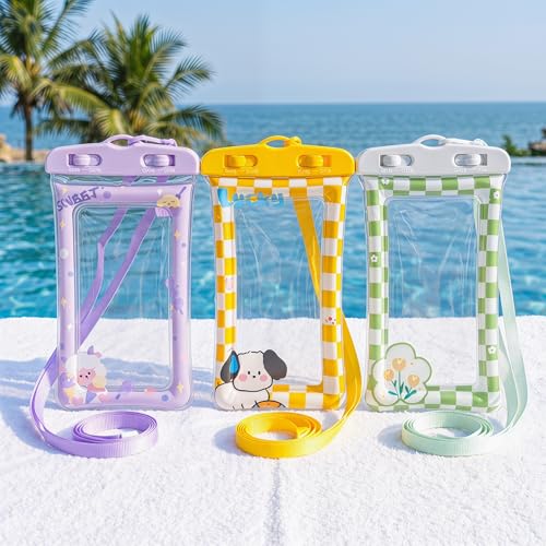 3 Pack Waterproof Phone Pouch with Lanyard Underwater Dry Bag case Universal high Transparency Touch Screen Protective case Suitable for Beach and Travel-Goat-Dog-Flower - color: GOAT-DOG-FLOWER, size: 3Pack
