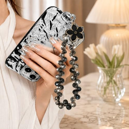 Cute Phone Wrist Strap Chic Beaded Cellphone Lanyard Phone Charm Grip Strap - color: Black Flower Crystal